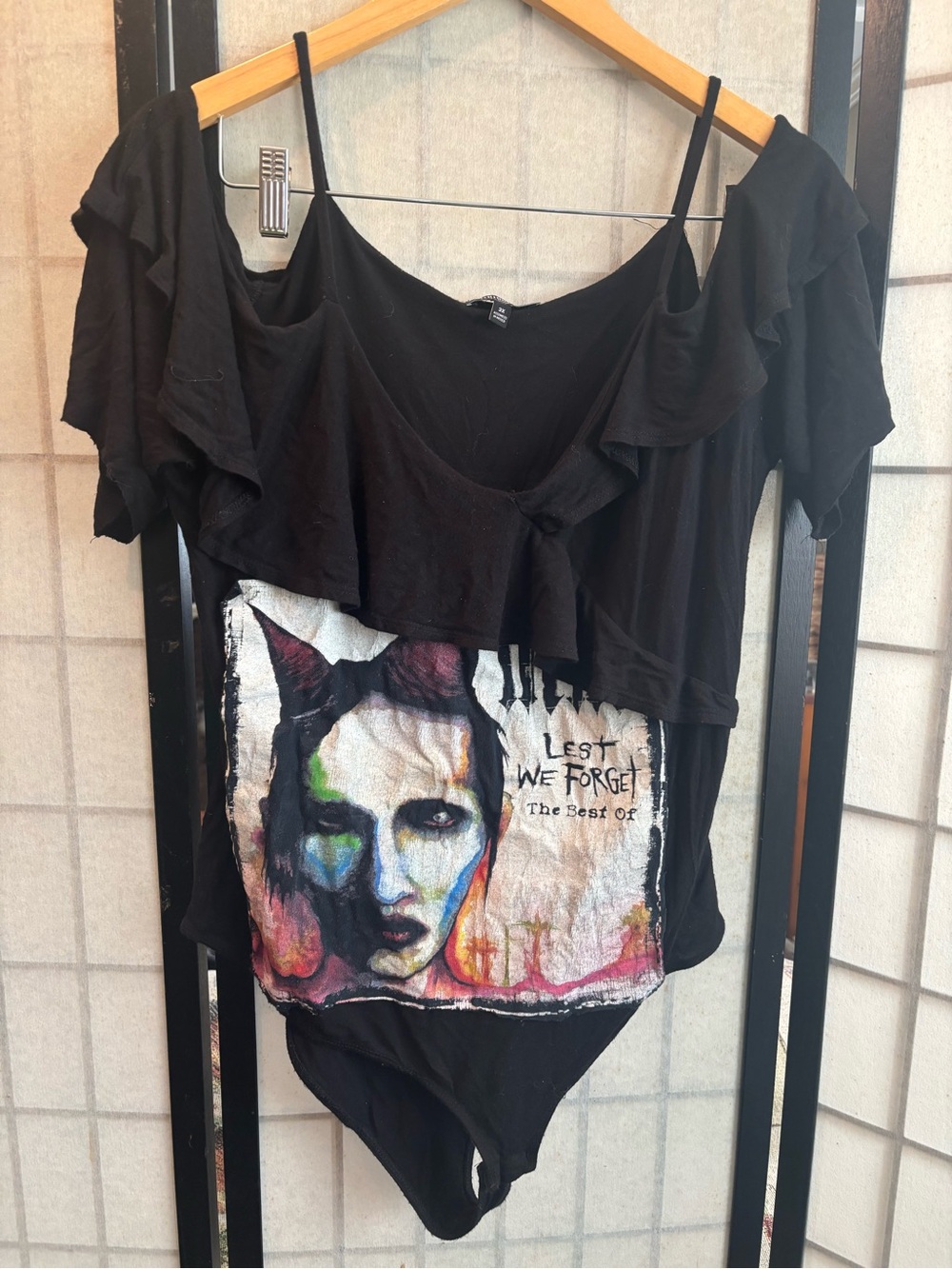 FASHION NOVA Upcycled Marilyn Manson Ruffle Off / Cold Shoulder Graphic Bodysuit